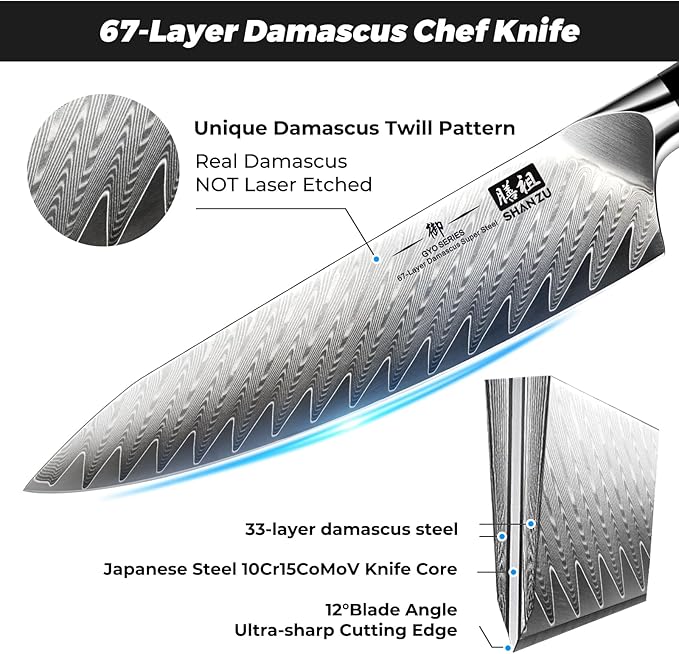 SHAN ZU Damascus Chef Knife 8 inch, 67-Layer High Carbon Steel Kitchen Knife Ultra Sharp Japanese Chef Knives, Professional Kitchen Utility Knives with G10 Ergonomic Handle/Gift Box
