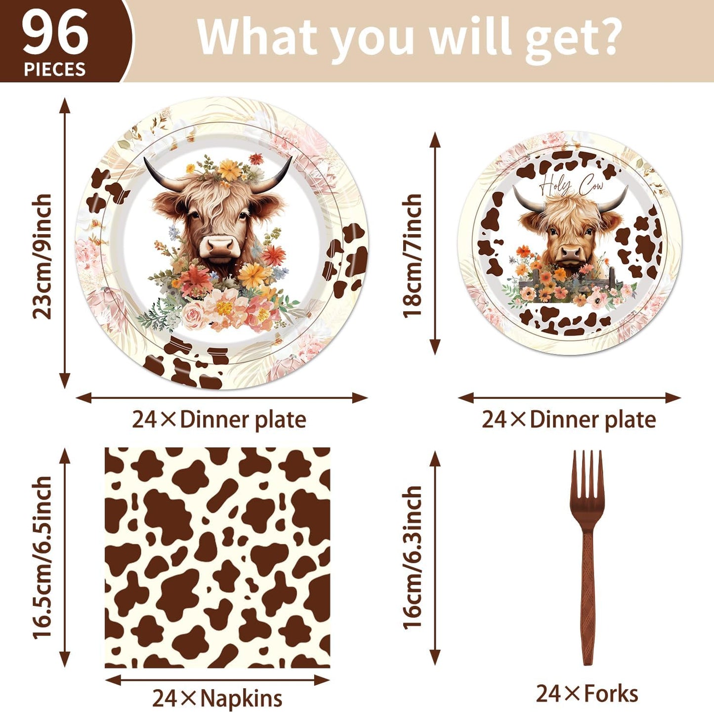 Highland Cow Party Supplies Tableware - 96 Pcs Brown Cow Tableware Disposable Plates Napkins Forks Sets for 24 Guests, Highland Cow Party Decorations Animal Party Favor for Baby Shower Kids Birthday