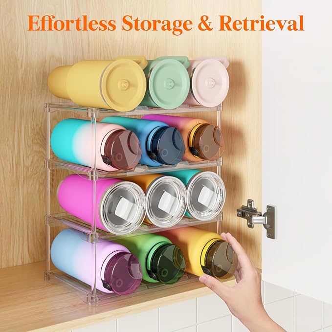 Lifewit Stackable Water Bottle Storage Organizer, Clear Freestanding Wine Bottle Holder for Cabinet, Tumbler Cup Organizer, Plastic Large Compartment Wine Rack for Fridge Cellar, 3Tier Hold 12