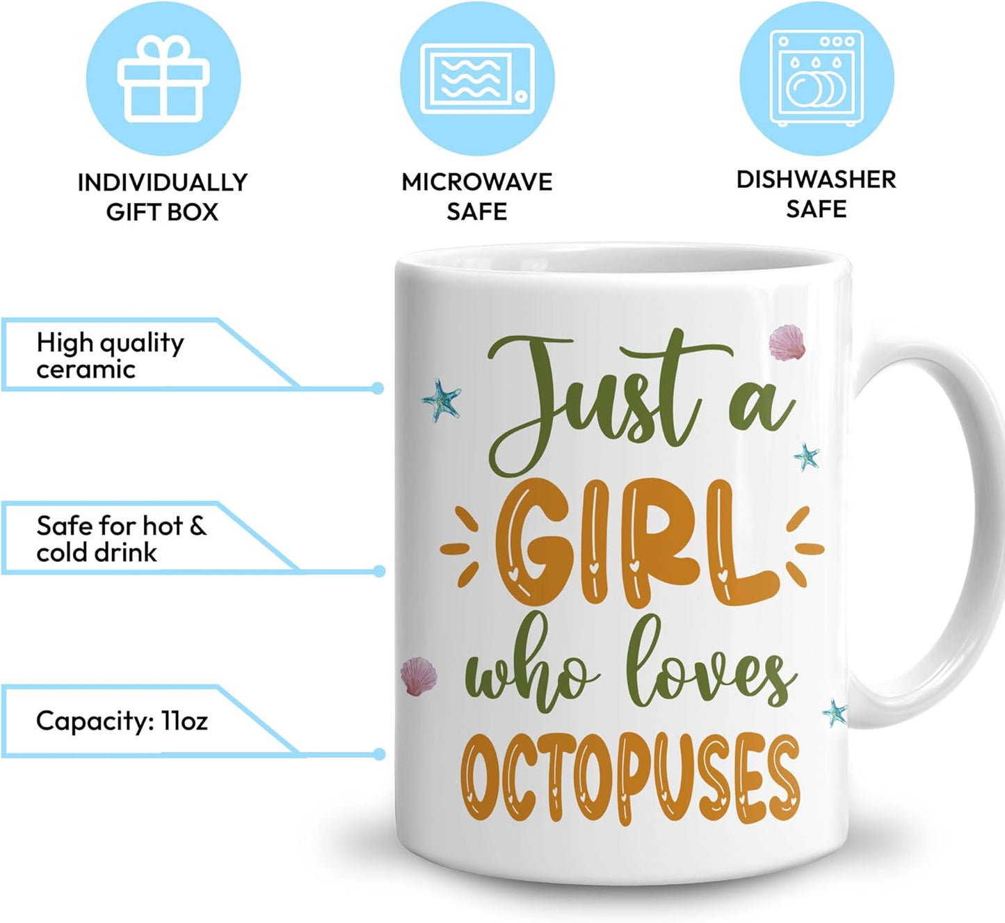 Hyturtle Personalized Gifts Octopus Lover - Just A Girl Who Loves Octopuses Custom Name Ceramic Coffee Mug Cup 11oz - Idea Cute Sea Animal Lover Gifts For Women, Girl Daughter On Birthday, Christmas