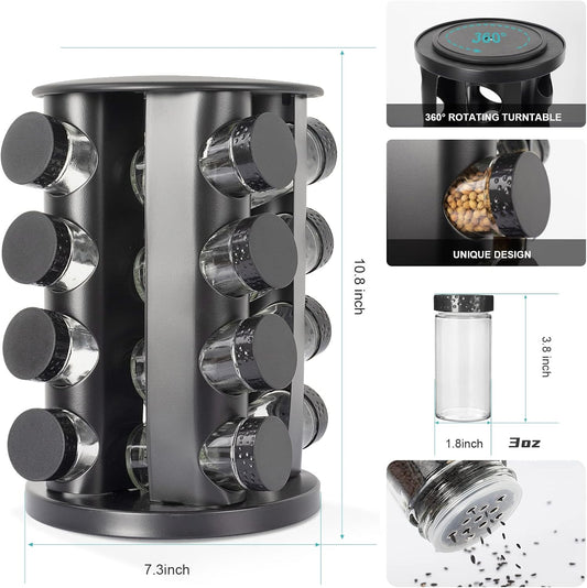 Black Countertop Rotating Spice Rack,Round Empty 16-Jars Revolving Spice Rack Organizer, 135 Spice Labels with Funnel Complete Set, for Kitchen Countertop, Cabinet