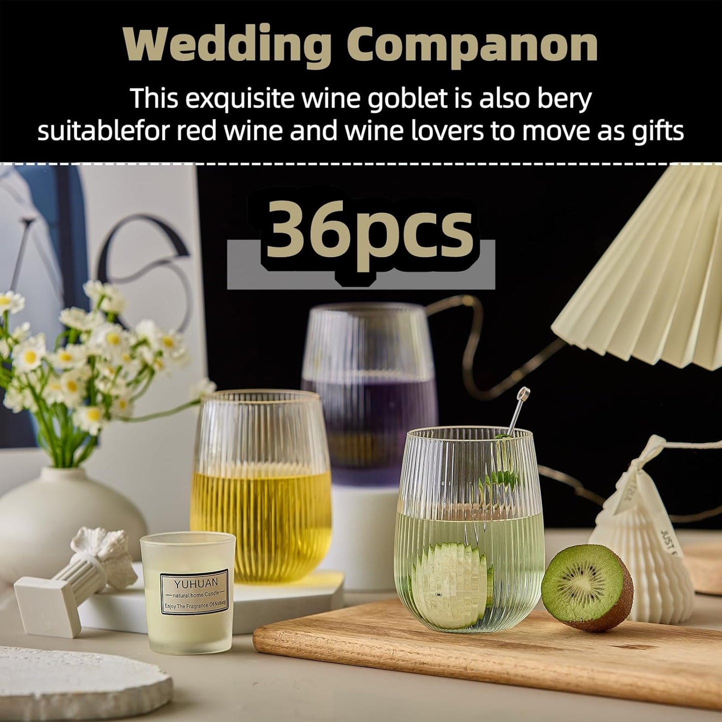 36 Pack Plastic Ribbed Wine Glasses, 15Oz Origami Disposable Wine Glasses Unbreakable Clear Plastic Cocktail Glasses Recyclable Shatterproof Reusable Wine Cups