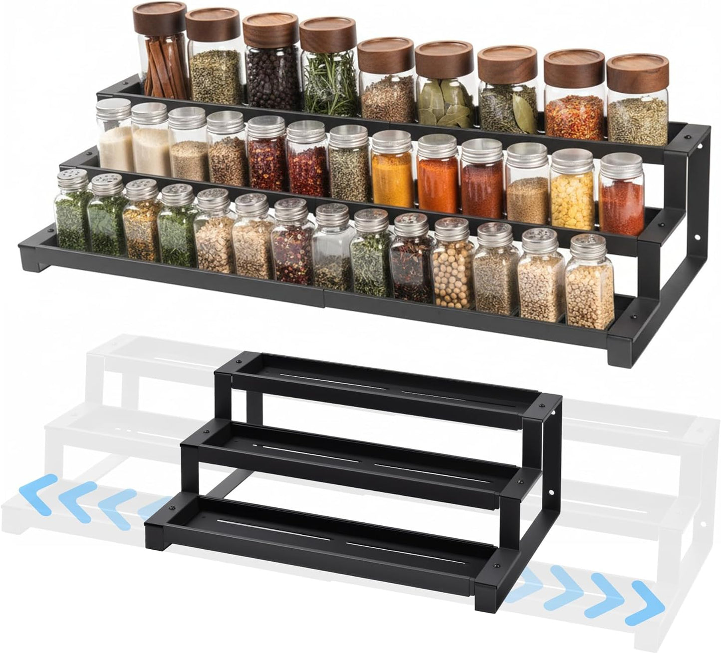 3-Tier Spice Rack Organizer for Kitchen Cabinet or Pantry, 16"-29" Expandable Spice Organization Shelf, Seasoning Organizer, Metal Display Shelf, Slip-Resistant Design for Jars and Bottles, Black