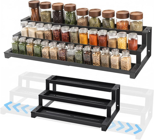 3-Tier Spice Rack Organizer for Kitchen Cabinet or Pantry, 16"-29" Expandable Spice Organization Shelf, Seasoning Organizer, Metal Display Shelf, Slip-Resistant Design for Jars and Bottles, Black