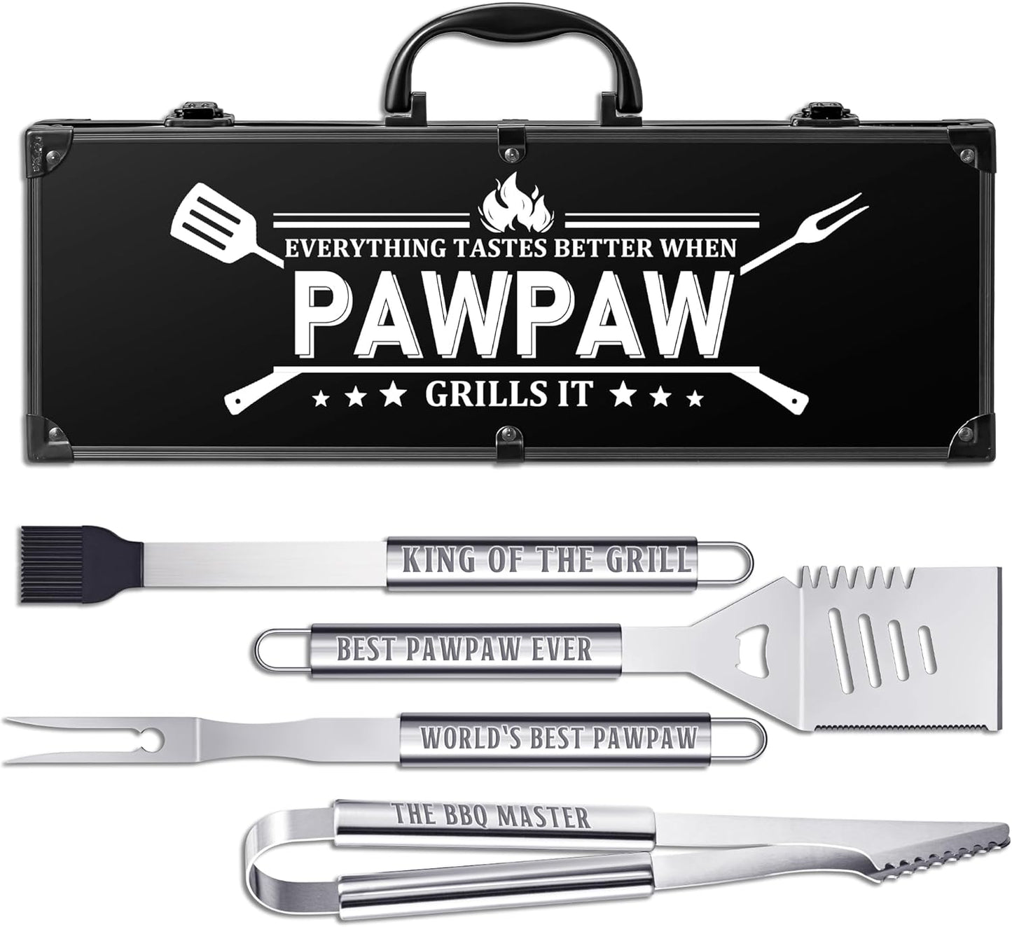 Paw Paw Gifts from Grandkids, Grilling Accessories, Heavy Duty Stainless Steel BBQ Grill Tools for Outdoor Grill with Aluminum Case, Pawpaw Grill Utensils Ideal Christmas Grilling Gift (Black)