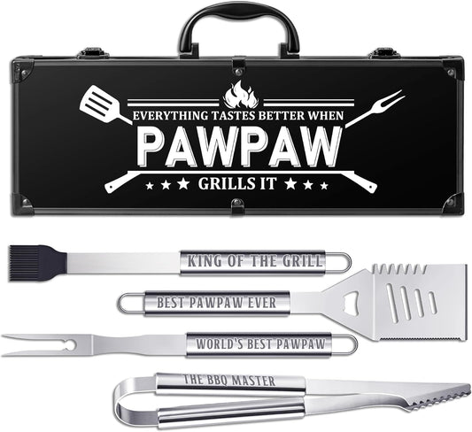 Paw Paw Gifts from Grandkids, Grilling Accessories, Heavy Duty Stainless Steel BBQ Grill Tools for Outdoor Grill with Aluminum Case, Pawpaw Grill Utensils Ideal Christmas Grilling Gift (Black)