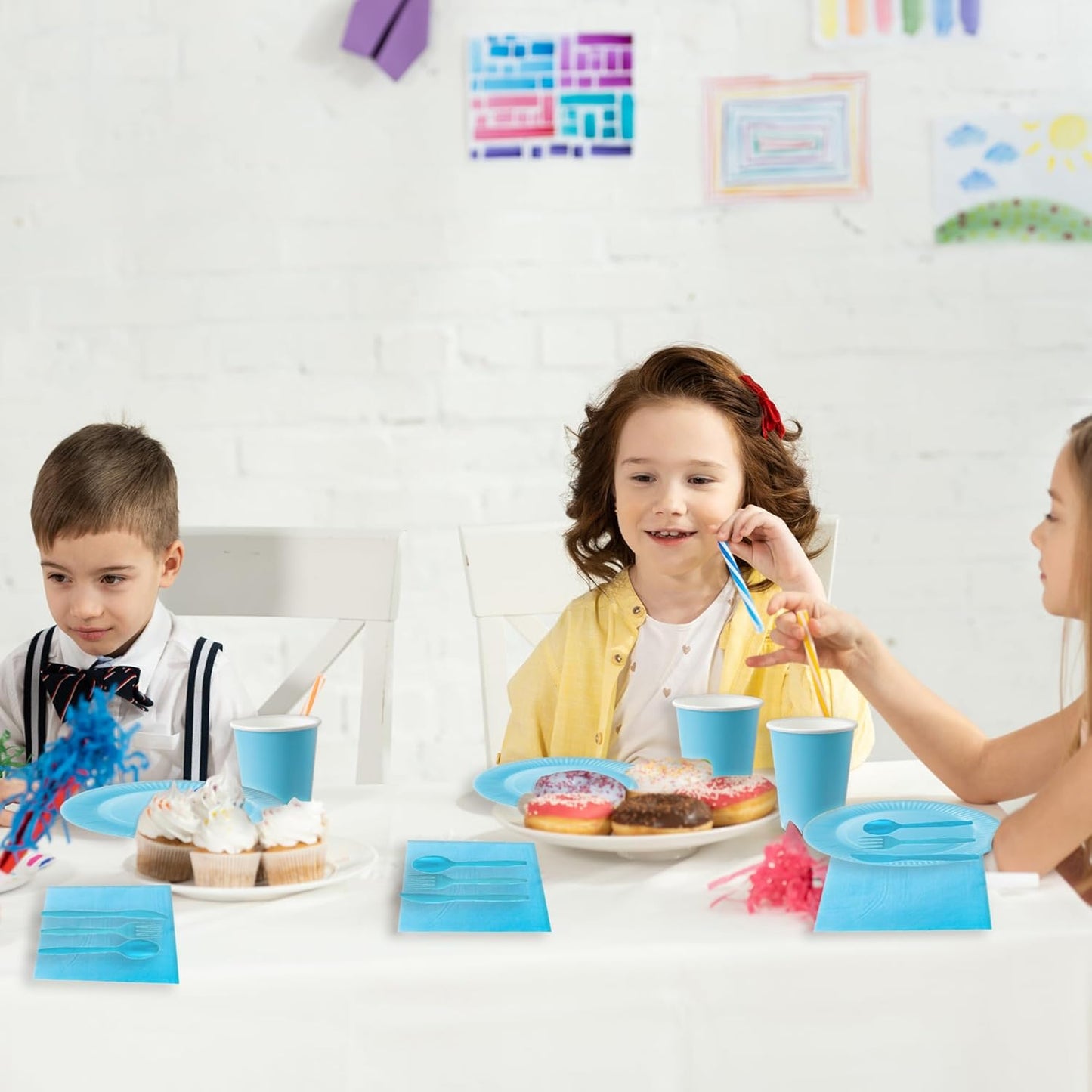 210pcs Thanksgiving Light Blue Paper Plates Disposable Tableware Party Supplies- Includes 9" Dinner Plates, 7" Dessert Plates, 9oz Paper Cups, Napkins, Plastic Forks