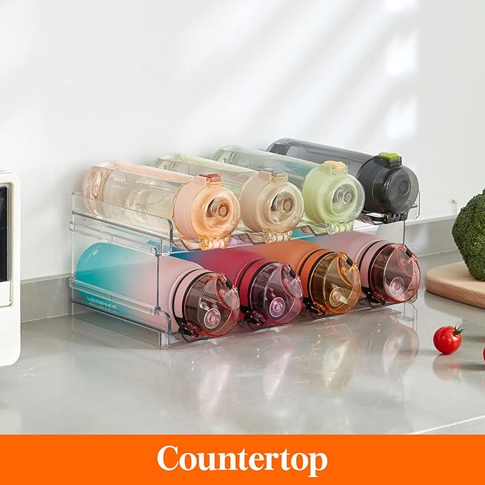 Lifewit Stackable Water Bottle Organizer for Cabinet, Plastic Bottle Holder Fits Bottles & Tumblers up to 3.8" Diameter, Pantry, Countertop & Fridge, 2 Tier Holds 8 Bottles, 2 Pack