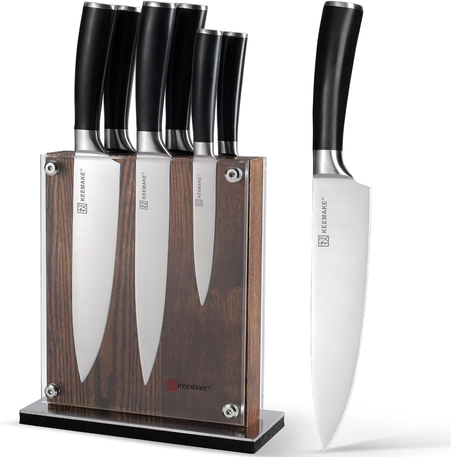 KEEMAKE Knife Block Set - 7Pcs Kitchen Knives with Magnetic Knife Block Holder, High Carbon Stainless Steel Chef Knife Set with Block, Ultra Sharp Knives Set for Kitchen With Ergonomic Handle