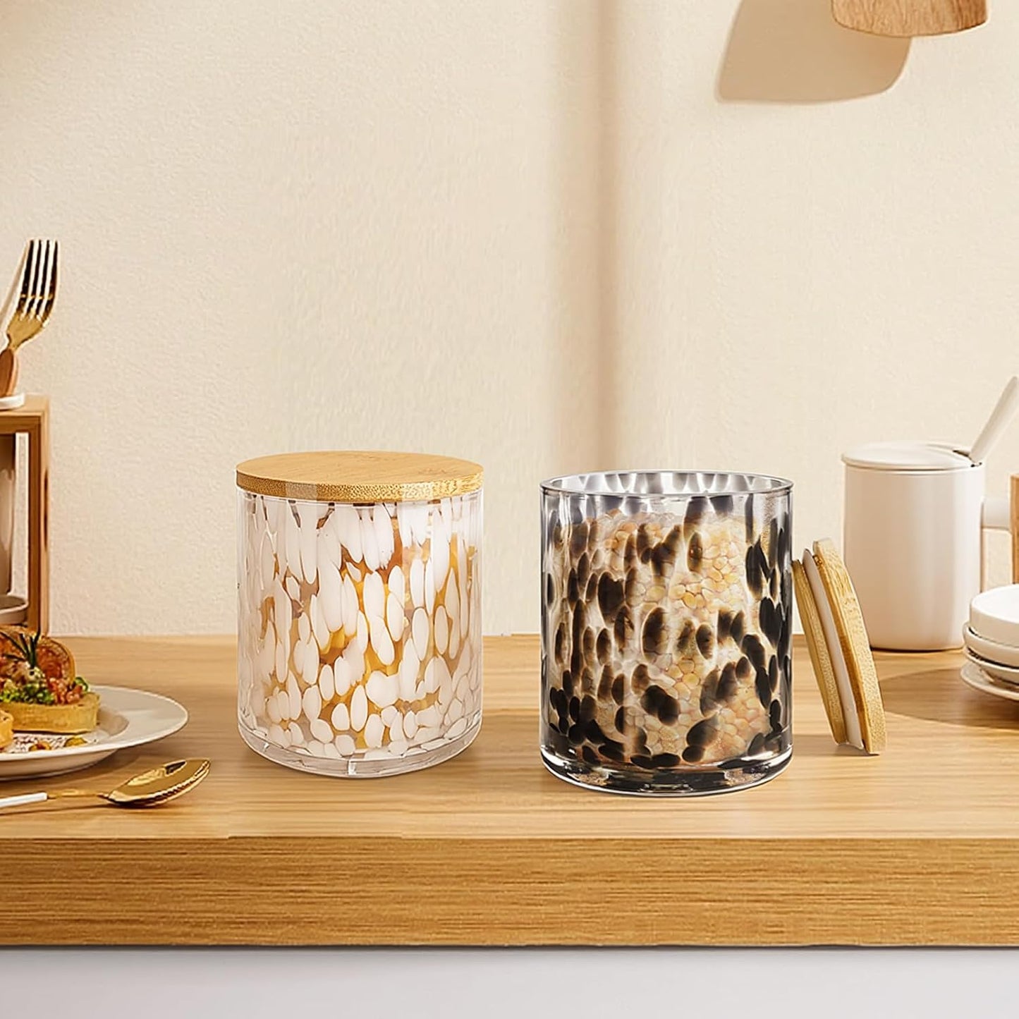 Set of 2 Hand Blown Glass Food Storage Containers with Lids 14oz Jar with Lid Coffee Container,Spice,Sugar,Tea,Flour,Nuts,Decorative Jars for Countertop(black ＆ white)