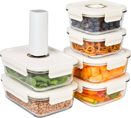 HOLDN’ STORAGE Vacuum Food Storage Containers, Set of 6 Glass Containers Mix & Electronic Pump - Keep Food Fresh Longer, BPA-Free Glass, Leak-Proof, Ideal for Meal Prep, Marinating