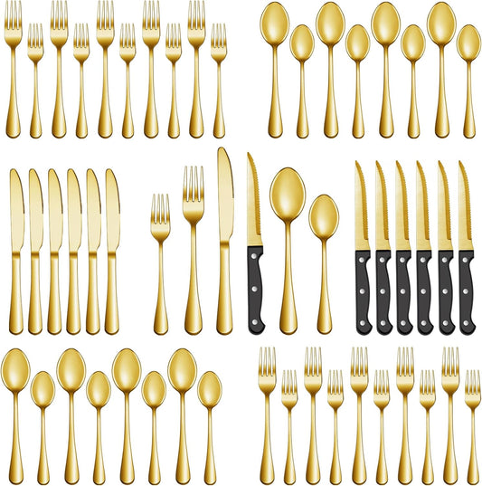 24 Pcs Gold Silverware Set with Steak Knives, Stainless Steel Flatware Cutlery Set Service for 4, Kitchen Tableware Set, Utensil Set for Home and Restaurant, Knives Forks Spoon Set, Dishwasher Safe