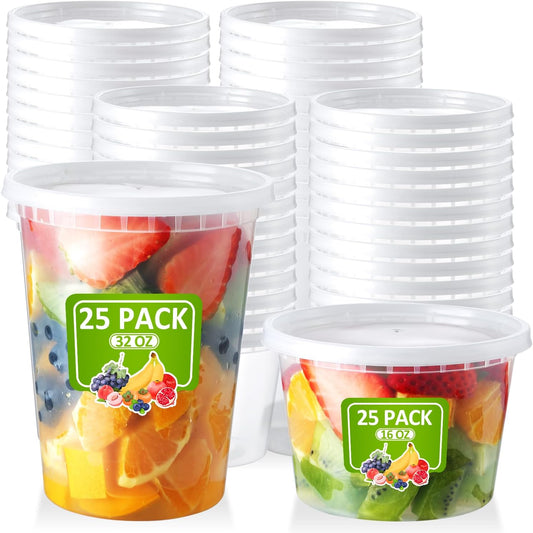 50 Set Deli-Containers-with-Lids: [16oz 32oz] Combo Plastic-Food-Storage-Containers-with-Lids, Microwaveable & Freezer Safe To-Go-Containers, Leak-proof Meal-Prep-Containers, NK053