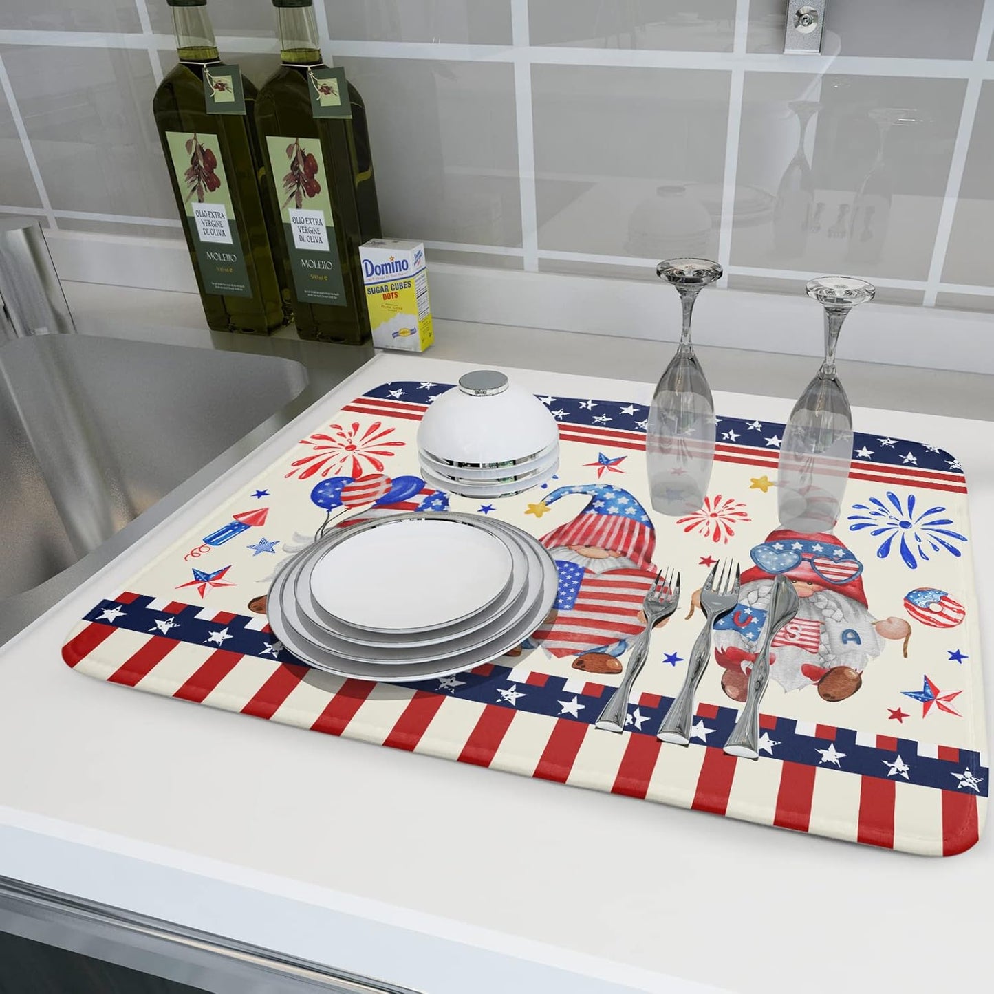 4th of July Drying Mat for Kitchen Counter 18 x 24 in - US Independence Day Patriotic Gnomes Microfiber Large Dish Drainer Mats Protector Pad for Countertop Sinks Dining Table Holiday Decor