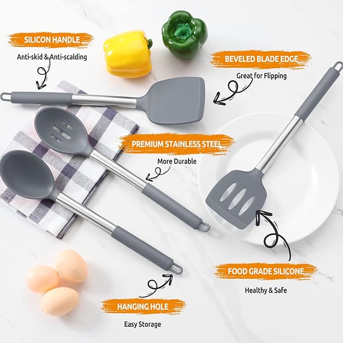 Cooking Utensils Set of 4, E-far Silicone Kitchen Utensils for Non-stick Cookware, Heat Resistant & Non-toxic Slotted Spatula Solid Spoon Turner for Flipping Mixing Serving Basting(Grey)