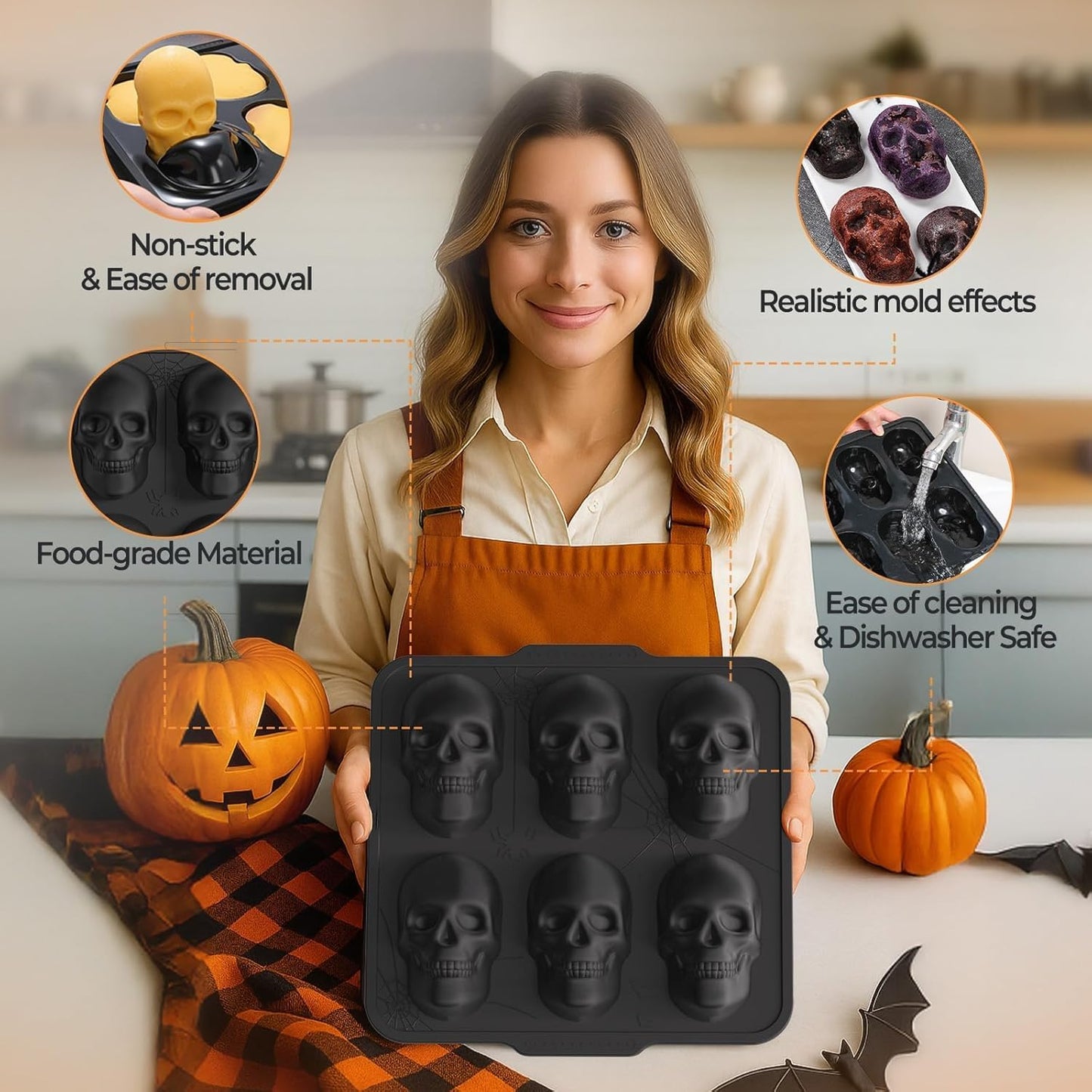 Skull Cake Pan with Metal Reinforced Frame - Spill-Proof & Sturdy 6-Cavity 3D Halloween Silicone Mold, Easy to Handle & Release for Cake, Chocolate, Jello