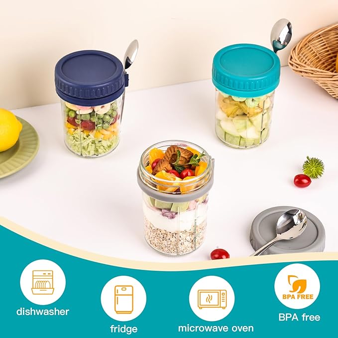 YUNCANG 6 Pack 16oz Overnight Oats Containers with Lids and Spoons, Glass Mason Overnight Oats Jars, Large Capacity Airtight Jars for Milk, Cereal, Fruit