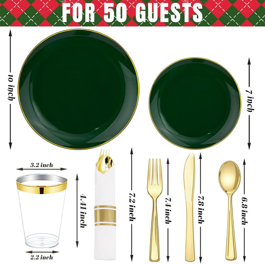 KIRE 350PCS Green Plates Disposable - Heavy Duty Christmas Plates - 50Guest Include Green Plastic Dinnerware - Pro Rolled Napkins with Gold Silverware and Cups for Christmas&Party