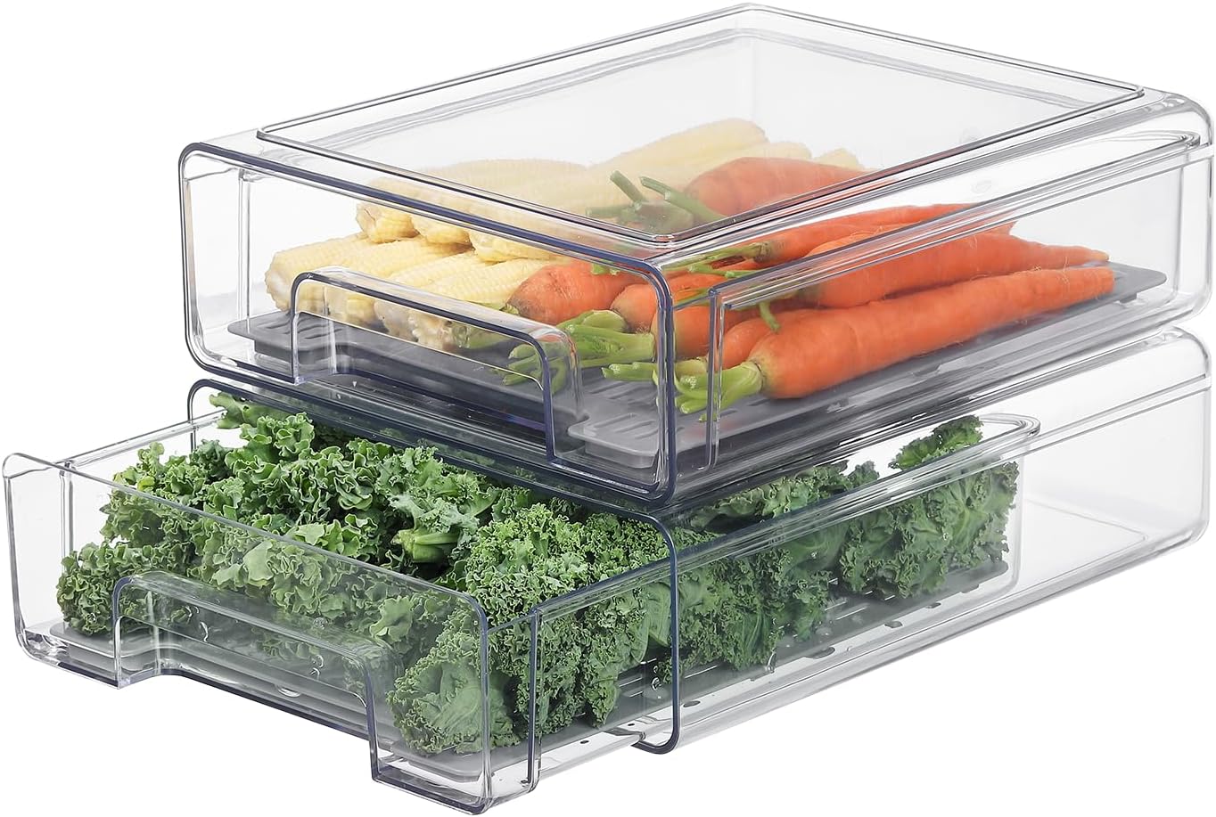 Plastic Clear Fridge Storage Organizer with Drawers & Drainer - Stackable Bins for Kitchen Fruit & Veggie Organization (2PCS, Medium)
