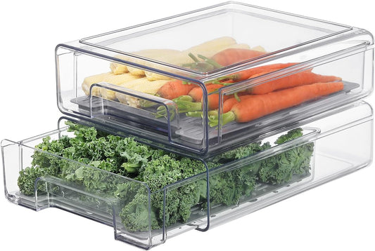 Plastic Clear Fridge Storage Organizer with Drawers & Drainer - Stackable Bins for Kitchen Fruit & Veggie Organization (2PCS, Medium)
