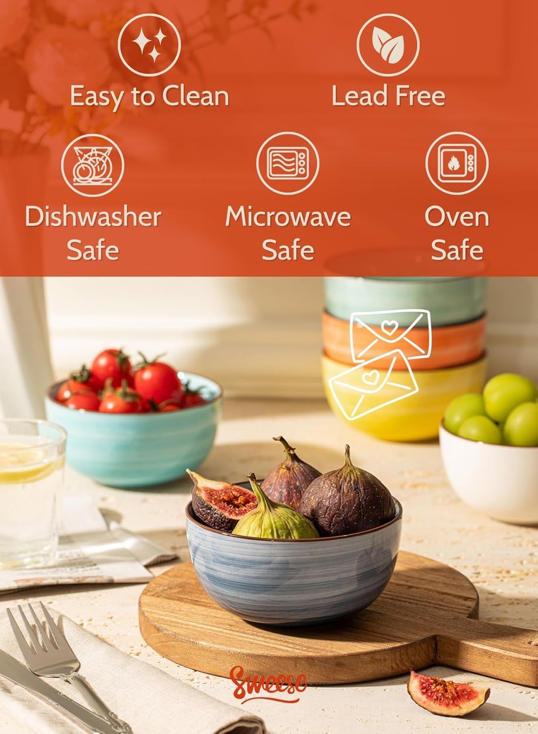 Sweese 10 Oz Ceramic Ice Cream Bowls, Set of 6 - Multicolor Dessert, Cereal, Soup Bowls, Dishwasher Microwave Safe