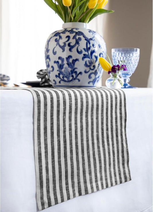 Solino Home Linen Table Runner 144 Inches Long - Amalfi Stripe, 100% Pure Linen Black and White Table Runner 14 x 144 Inch for Dining