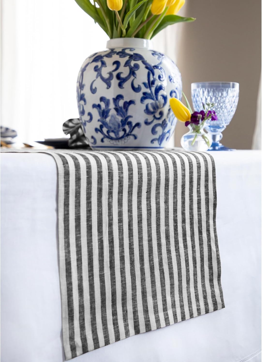 Solino Home Linen Table Runner 36 Inches - Amalfi Stripe 100% Pure Linen Black and White Table Runner 14 x 36 Inch Ideal for Dresser and Coffee Tables - Fall, Autumn, Halloween, Thanksgiving, Holiday
