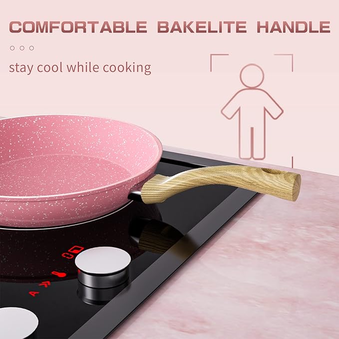 Frying Pan Nonstick Set, 8" & 9.5" & 11" Pink Egg Pan, Non Stick Fry Pan Set PFOA-Free Omelet Pan, Toxin-Free Skillets Stone Cookware, Anti-Warp Base with All Stove Tops Available,Induction Compatible