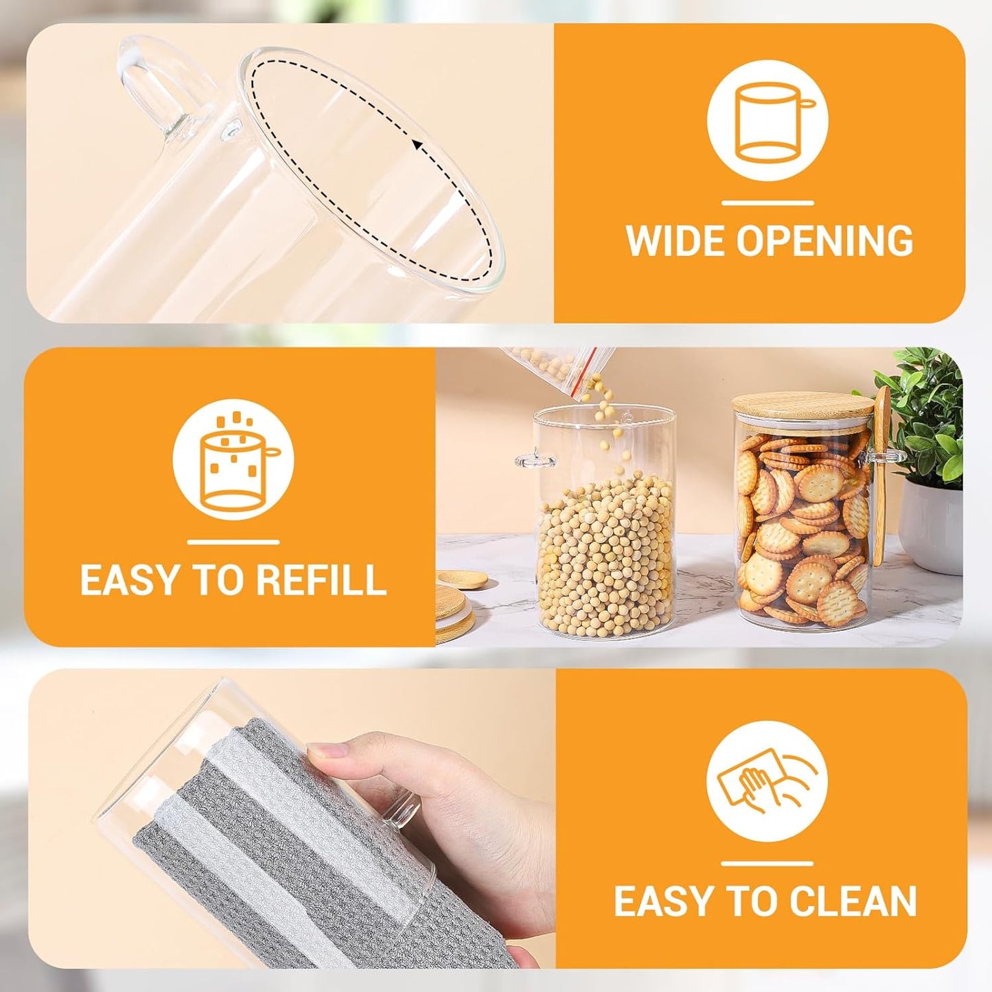 Glass Containers with Bamboo Lids and Spoon - 4 Pack 32 Fl.oz Round Glass Storage Jars Set, Includes Labels and Marker, Kitchen Pantry Container for Loose Leaf Tea, Sugar, Coffee, Cookie, Oats