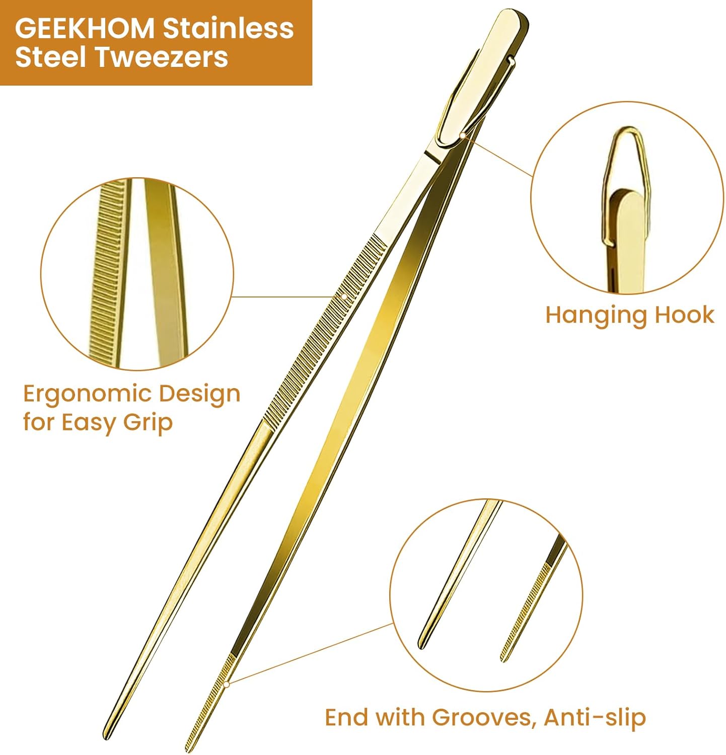 GEEKHOM 2 Pcs 12-Inch Gold Kitchen Tweezer Tongs, Stainless Steel Cooking Tweezers with Serrated Tips for Professional Plating, Grill & BBQ