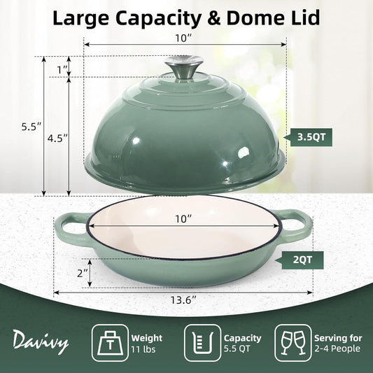 Davivy 5.5QT Sourdough Dutch Oven with Domed Lid, 10" Round Bread Dutch Oven, Enameled Cast Iron Bread Oven, Bread Oven for Sourdough Bread - Sea Salt Green