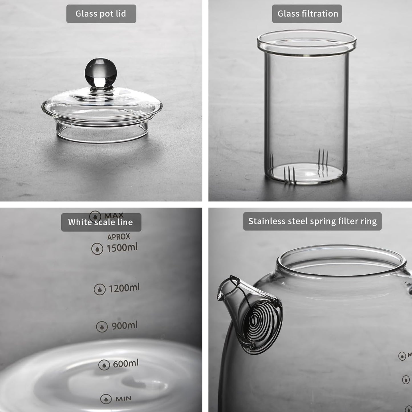 high borosilicate glass kettle with scale markings, a 2000ml water bottle, and a tea kettle capable of filtering ice water or boiling water (Panda [Teapot] Glass Lid+Glass filter screen)