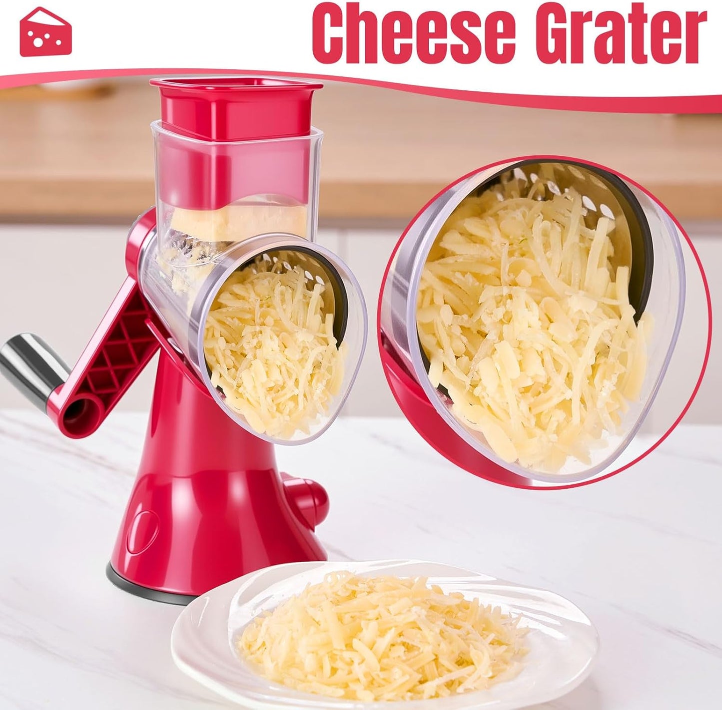 Rotary Cheese Grater & Vegetable Slicer, 3 in 1 Kitchen cheese Shredder Interchangeable Blades with 3 Stainless Steel Blades & Strong Suction Base, Easy Clean Food Grinder for Cheese, for Fruit