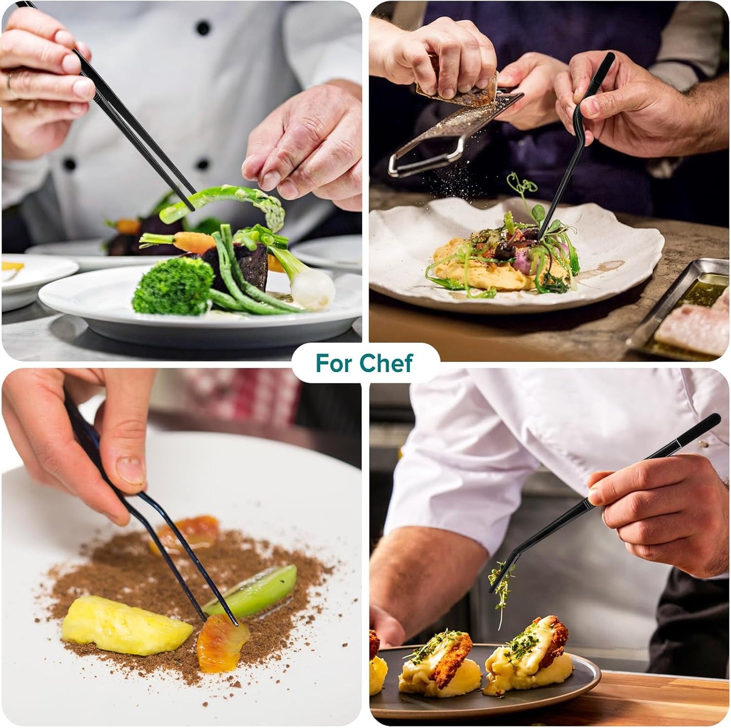 Kitchen Tweezer Tongs Set,6 Pcs Kitchen Tweezers,8" Cooking Tweezers Set,Stainless-Steel Food Chef Culinary Tweezers Tongs for Baking Decorating Feeding Plating,Black