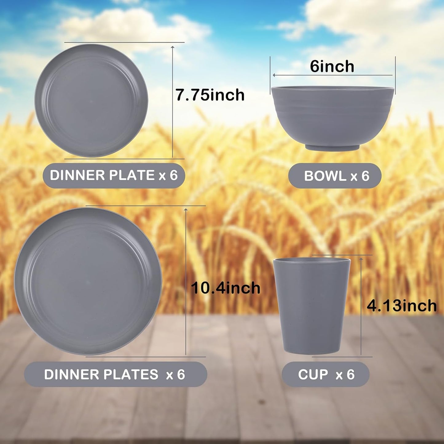 Supernal Wheat Straw Dinnerware Sets,Unbreakable Dinner Plates for 6,Microwave Dishwasher Safe,Reusable Dinnerware,Dark Gray Set 12pcs Plates, 6pcs Bowls, 6pcs Cups