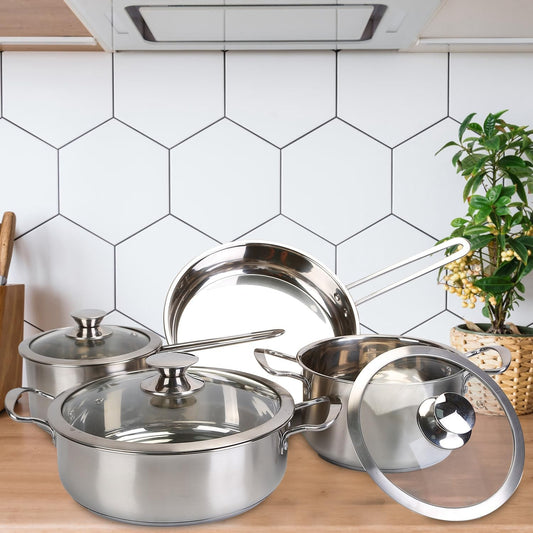 Stainless Steel Cookware Set Fast Even Heat Induction Pots Pans Set Dishwasher Safe with 2.7/3.7 Quart Stockpot 2 Quart Saucepan 9.17in Frying Pan