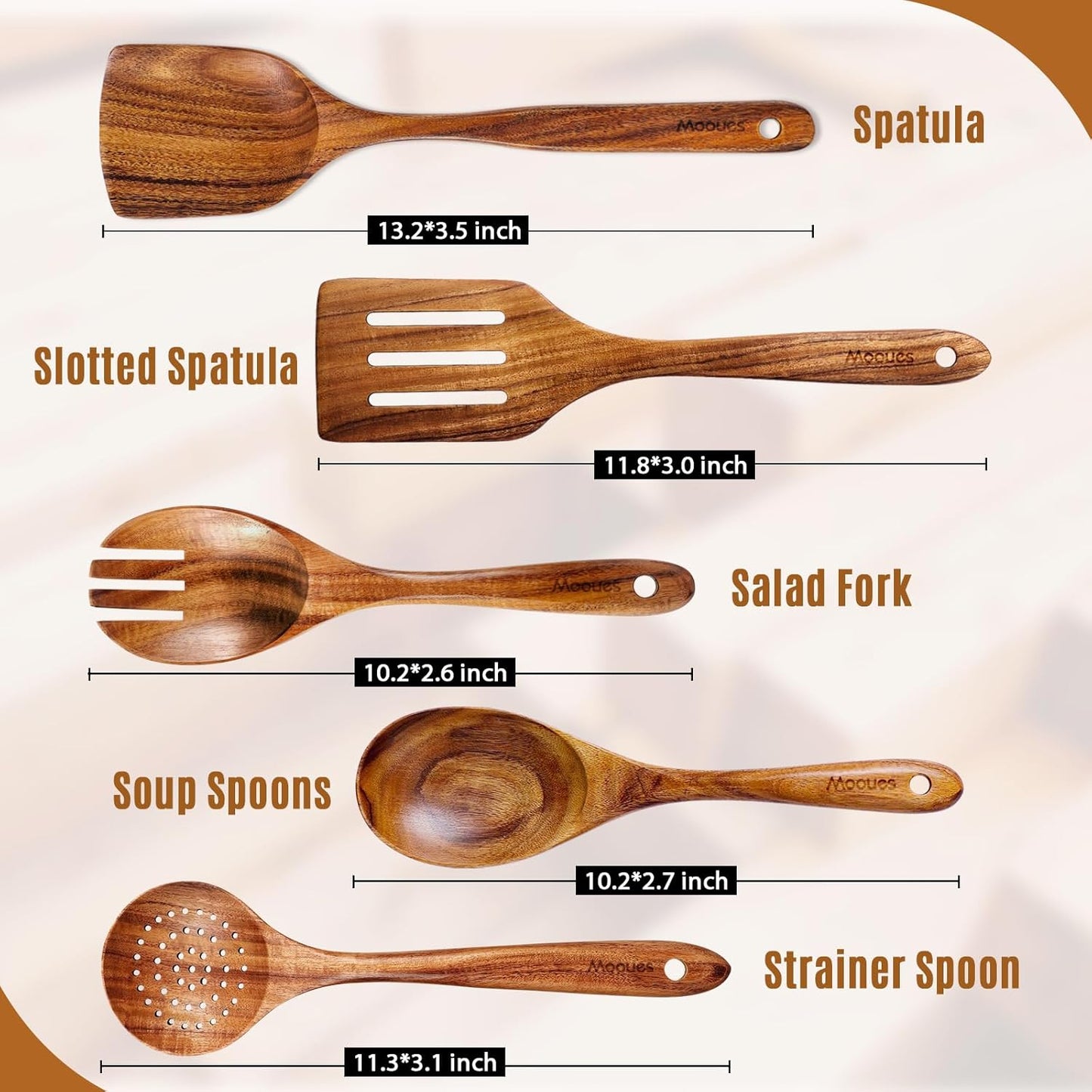 Wooden Spoons for Cooking, 5 Pcs Wooden Utensils for Cooking Natural Teak Wooden Kitchen Utensils Set
