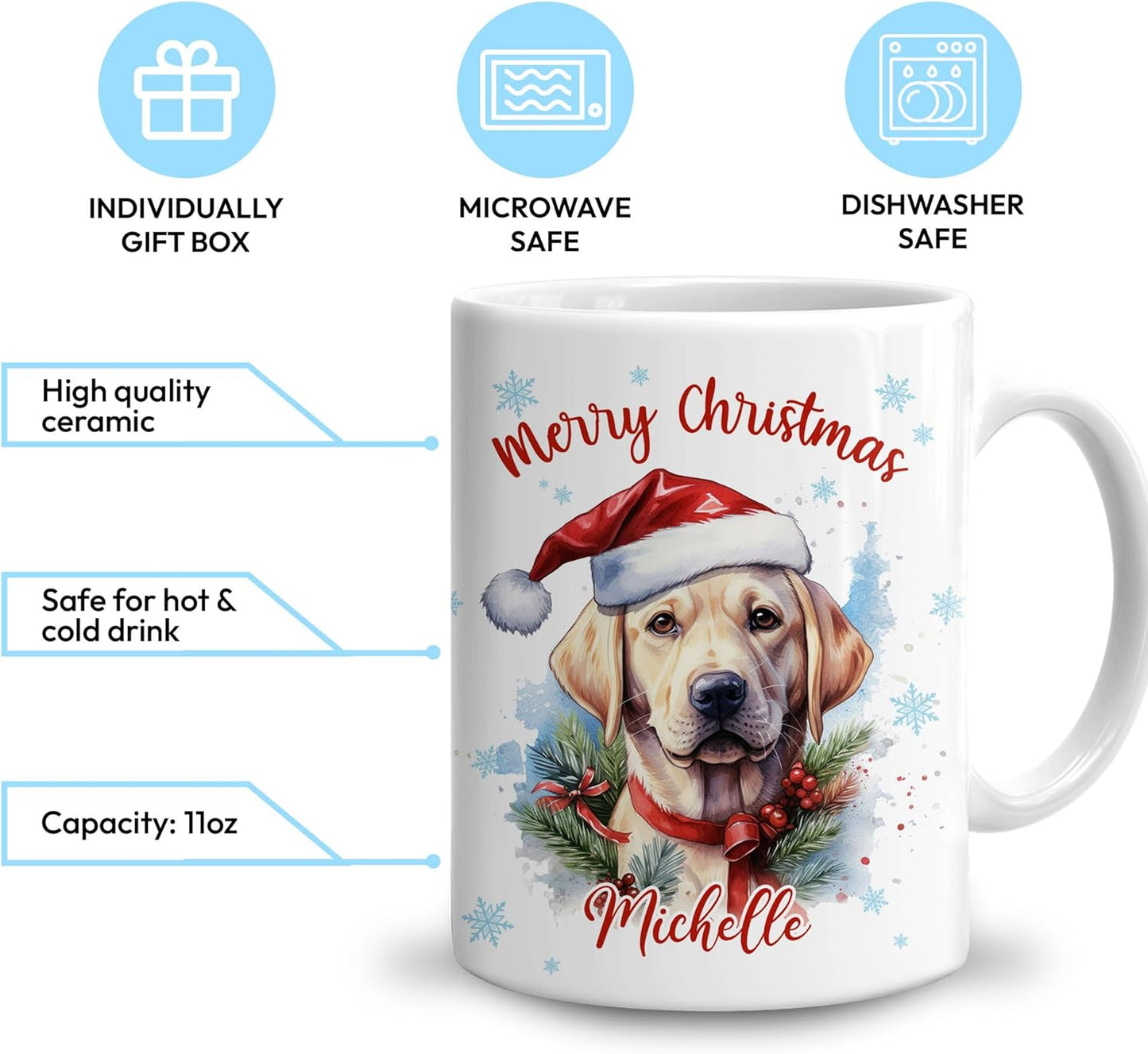 Hyturtle Personalized Gifts Dog Lover - Labrador Merry Christmas Custom Name Ceramic Coffee Mug Cup 11oz - Cute Animal Lovers Gifts For Women, Girl kids Family On Birthday, Christmas