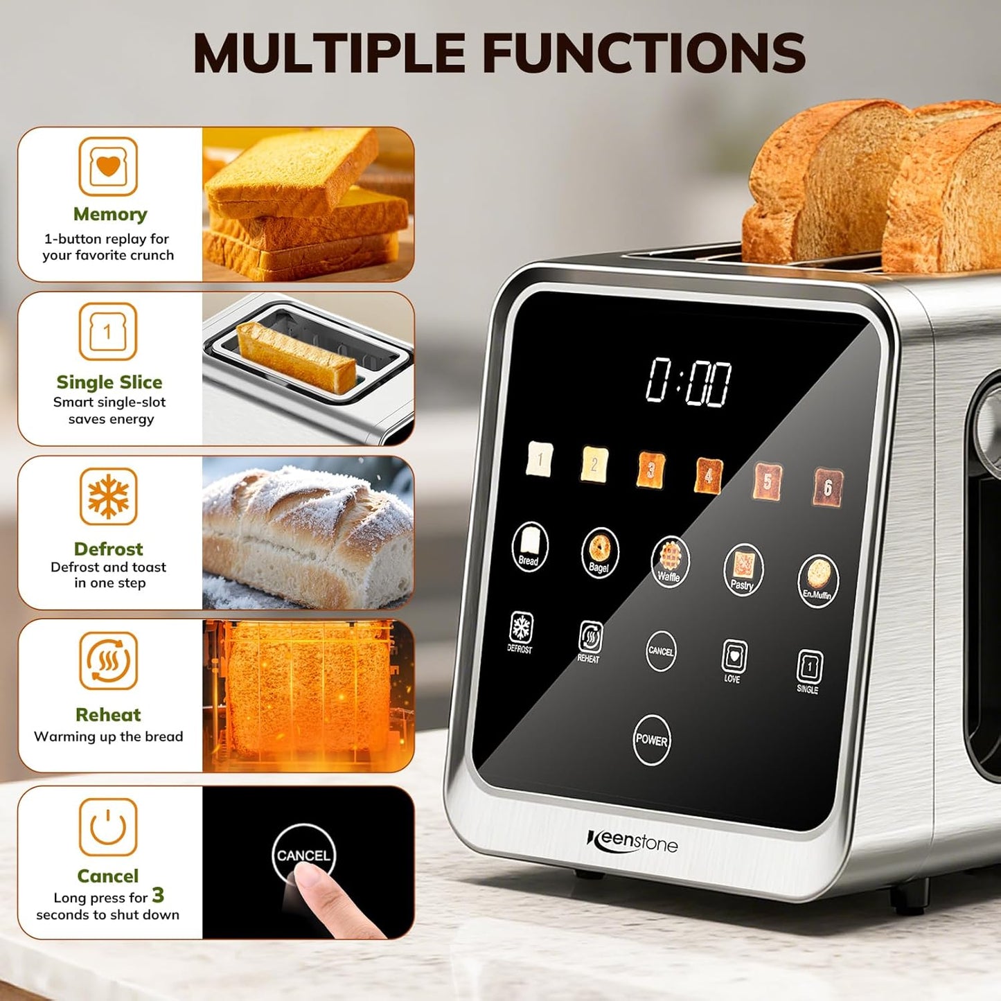 Keenstone Toaster 2 Slice, Digital Smart Toaster with TouchScreen, Dual Control Panel, Single Slot Toasting, Timer, Reheat & Defrost for Bagels, Bread, Waffles, Stainless Steel Kitchen Essentials