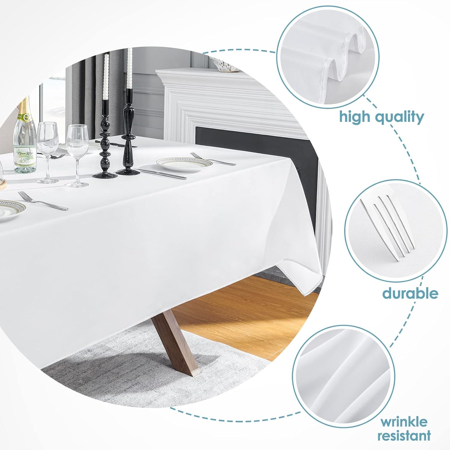 VidaFete 60*84inch Rectangle Tablecloth Polyester Table Cloth，Stain Resistant and Wrinkle Polyester Dining Table Cover for Kitchen Dinning Party Wedding Rectangular Tabletop Buffet Decoration(White)