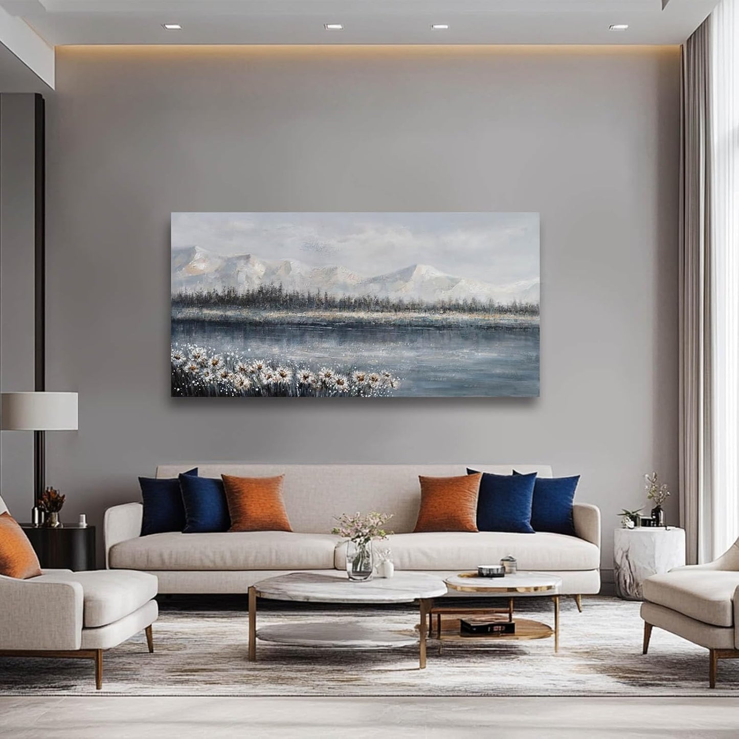 White Wall Art for Living Room Daisy Pictures Framed Floral Wall Decor Abstract Wall Art Mountain Landscape Artwork Office Arts for Home Office 29"x58"