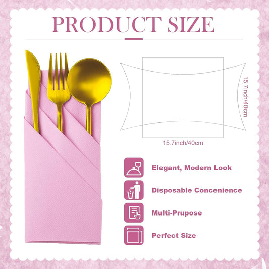 Qilery 50 Pcs Paper Linen Napkins Disposable Airlaid Paper Prefolded Dinner Napkins with Built in Flatware Pocket for Silverware Valentine Wedding Party Christmas Day (Pink)