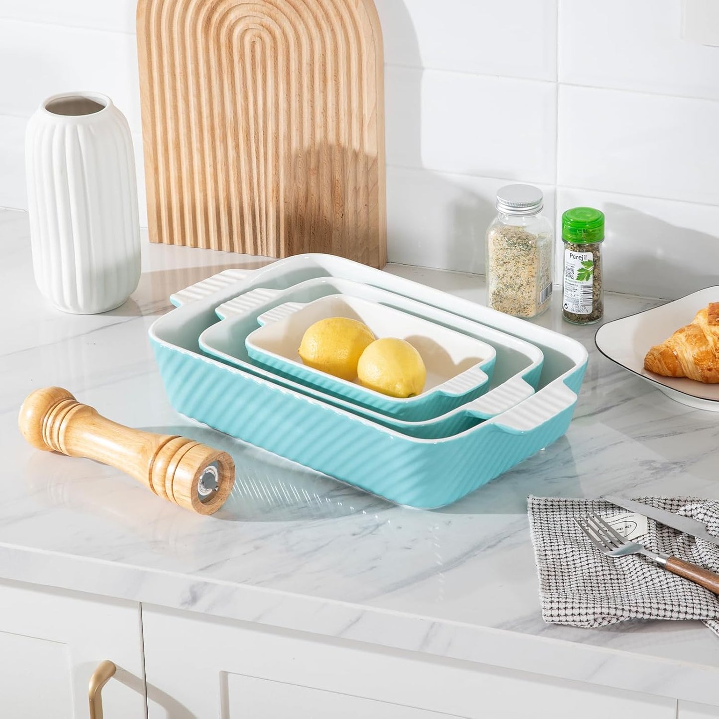 Sweejar Ceramic Baking Dish Set, Cake Baking Dish for Brownie, Porcelain Striped Casserole Dishes for Oven with Handle for Lasagna, Family Dinner(Turquoise)