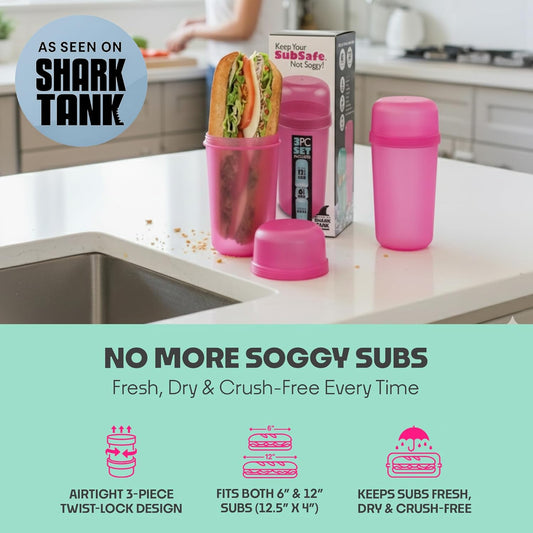 SubSafe 3-Piece Sub Sandwich Container, Hot Pink - As Seen on Shark Tank - Waterproof, Crushproof, BPA-Free Food Storage that Floats - Fits 6 & 12 in Subs - Great for Travel, Beach, Camping