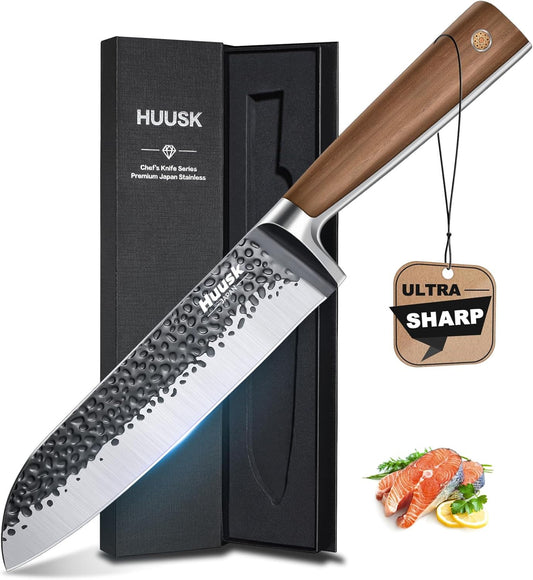 Huusk Santoku Knife 7 Inch Japanese Kitchen Knife Hand Forged Chopping Knives Razor Sharp Chef Knife for Vegetables Meat Home Cooking with Premium Present Box for Dad Mom