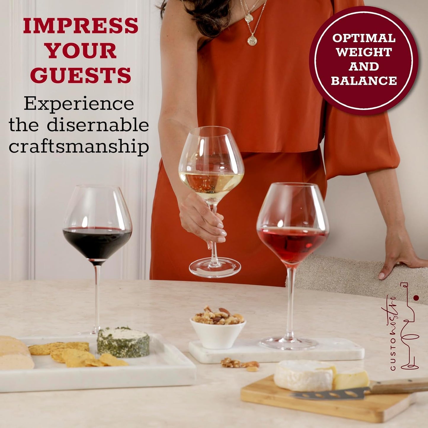 Gusto Nostro Crystal Wine Glasses Set of 6, 22 Oz Long Stem Modern Wine Glasses for White and Red Wine, Dishwasher Safe, Fancy, Elegant, Large and Tall Wine Glass for Wedding Christmas Anniversary