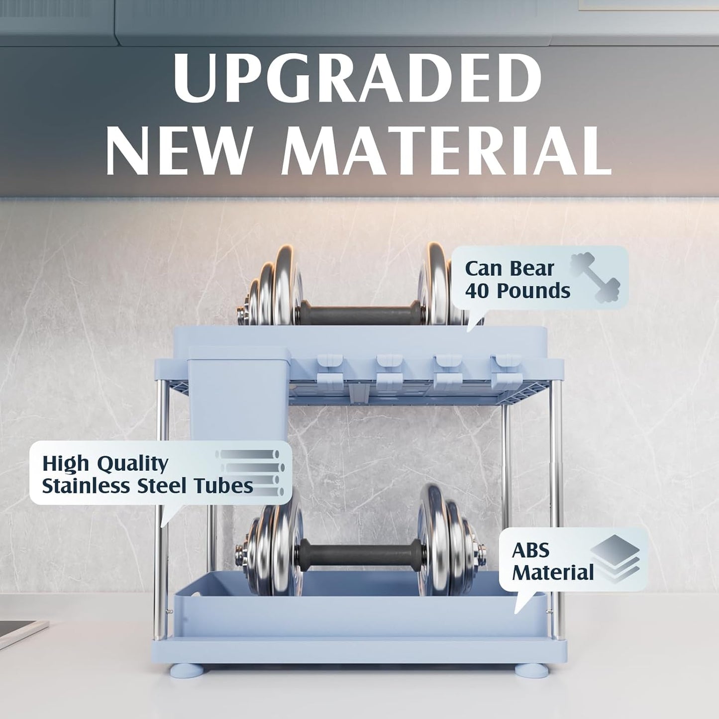 Under Sink Organizer (2 Pack), 2 Tier Under Sink Organizer, Adjustable Height Cabinet Organizer and Storage, in Blue