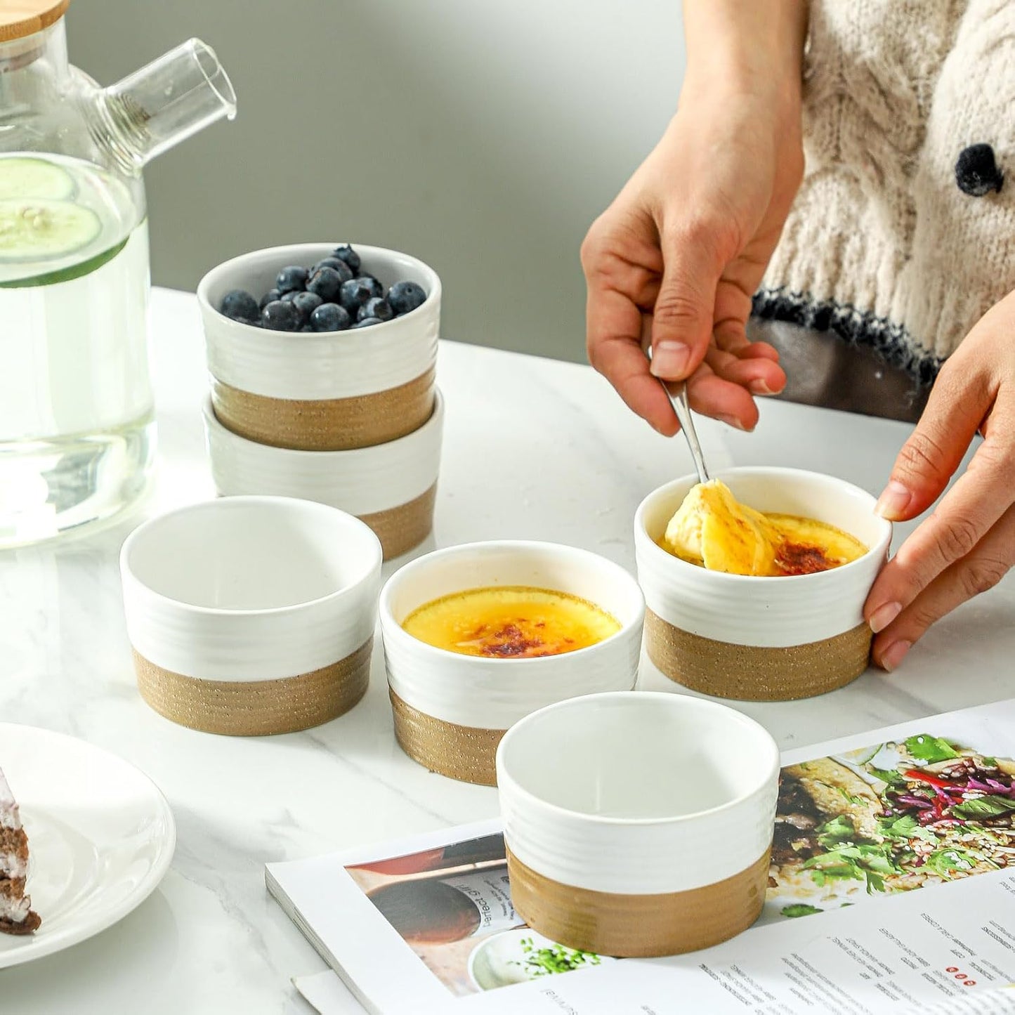 Ramekins 6 OZ for Creme Brulee Oven Safe,Ceramic Souffle Cups Set of 6,Small Dipping Sauce Cups for Charcuterie,Dessert,Dipping Sauce,Custard and Pudding,Microwave & Oven Safe,Patchwork White