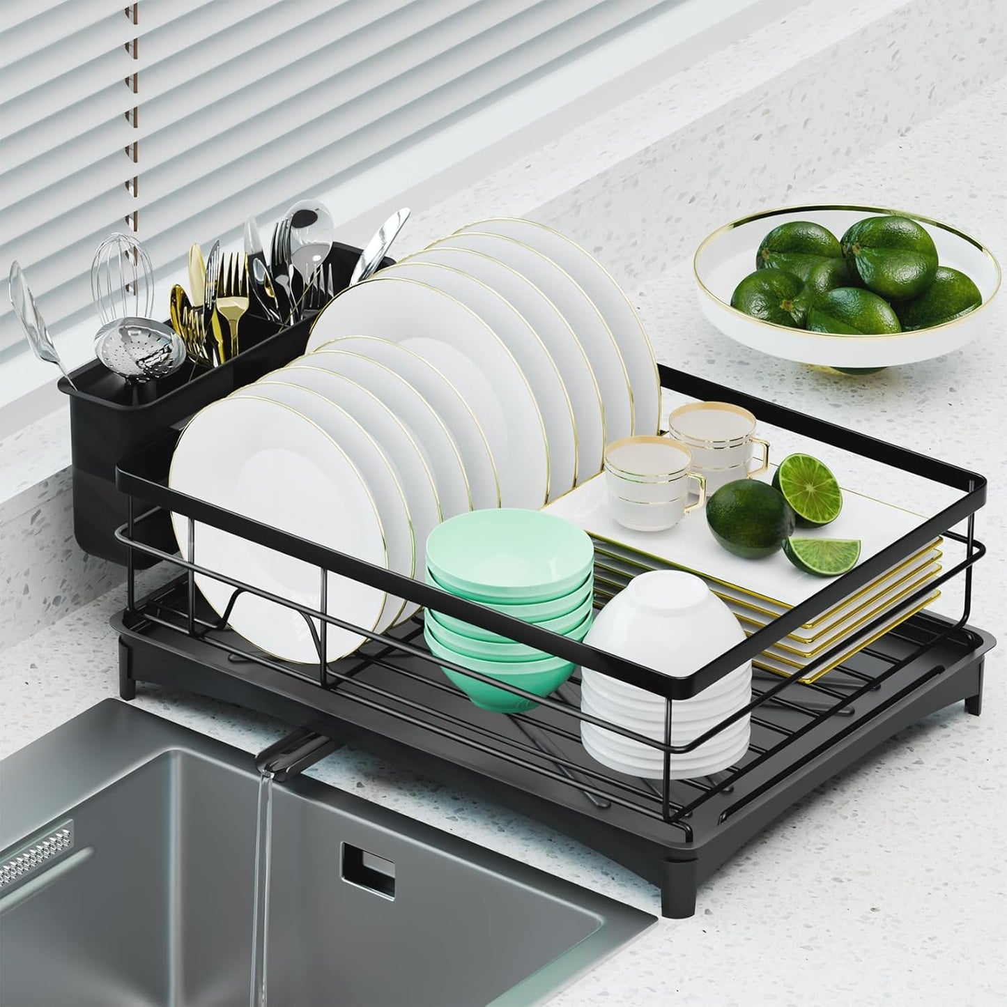 Dish Drying Rack, Large Capacity Dish Drainers for Kitchen Counter with Removeable Cutlery Holder, Rustproof & Sturdy Auto-Drain Multifunctional Organizer for Plates,Cups,knife fork Storage Essentials