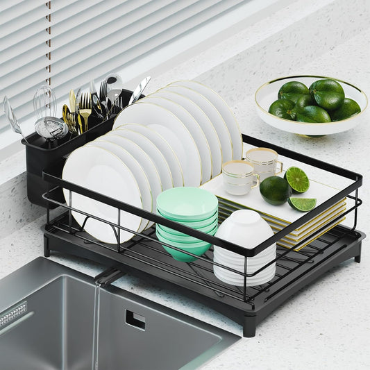 Dish Drying Rack, Large Capacity Dish Drainers for Kitchen Counter with Removeable Cutlery Holder, Rustproof & Sturdy Auto-Drain Multifunctional Organizer for Plates,Cups,knife fork Storage Essentials